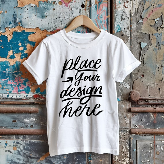 Hanging T-Shirt Mockup Unisex Bella Canvas 3001T Mockup White Casual Tshirt Mockup with Shabby Background, Blank T-shirt on Hanger Mockup