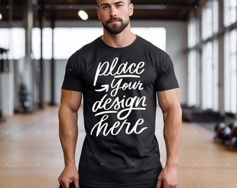 Men's Black Tshirt Mockup Bella Canvas 3001 Mock up Men's Sports Apparel Mocks Slim Fit T-shirt Mockup Gym Man Tshirt Mockup Front View
