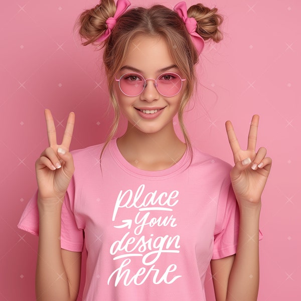 Young Girl Model Mockup, Pink T-shirt, Bella Canvas 3001T, Teen, Teenager Shirt Mockup Girl TShirt Mockup, Summer, Spring, Easter, Birthday