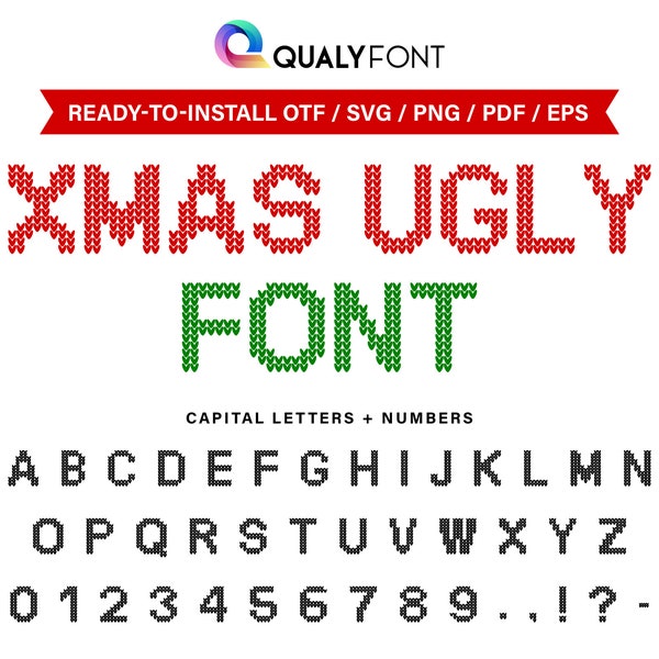 XMAS UGLY/ Knitted Font OTF, Svg, Png, Ugly Sweater Letters + Numbers, Christmas Ugly Sweater Alphabet for Word, Cricut, Sublimation