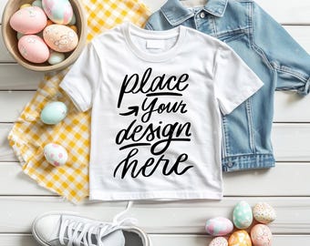Easter Tshirt Mockup Flat Lays White Shirt Mockup Kids Lying Tee Mockup Spring Holiday Short Sleeve Basic T-shirt Mockup Unisex Tee Template
