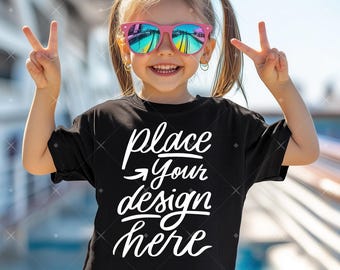 Kids Black T-shirt Mockup Cruise Holiday Vacation Baby Girl Model Shirt Mockup Little Girl Short Sleeve Tee Mock-up Bella Canvas Template