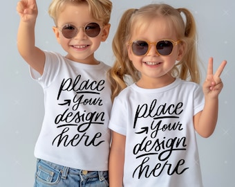 Toddler Models Boy & Girl Tshirt Mockup 2 Kids White Shirt Mockup Children Group Matching Shirts Mock ups Kids Couple Tee Mockup Siblings