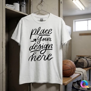 Hanging Whirt T-shirt Mockup, Casual Shirt on Hanger in Locker Room Mock up, Unisex Basketball Tee Mocks
