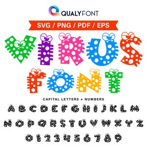 May include: A colorful alphabet font with a cartoon virus design. The letters are in uppercase and include numbers 0-9. The font is available in SVG, PNG, PDF, and EPS formats.