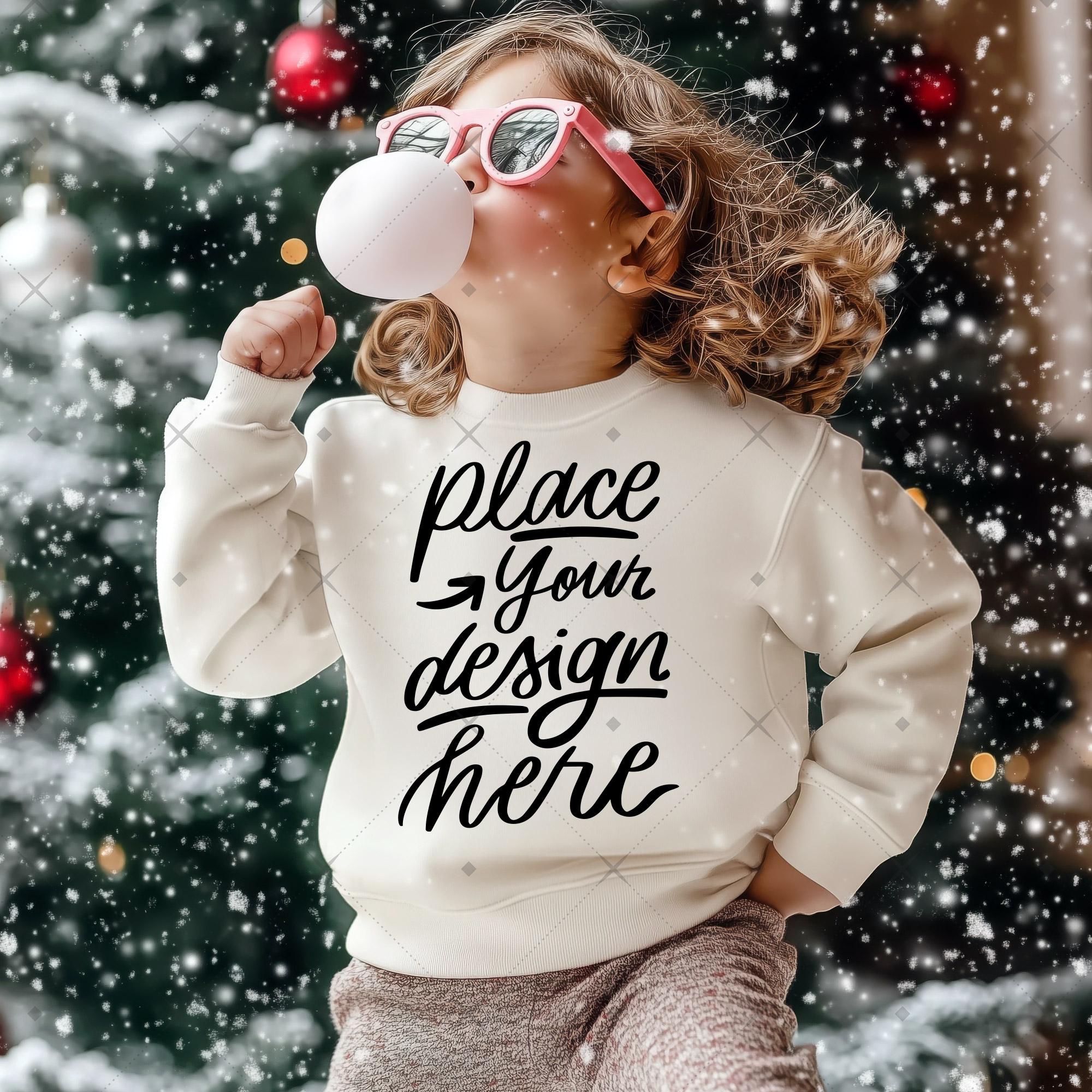 Kids White Tshirt Mockup Little Girl Model in Casual Long Sleeve Shirt Mock up Children's Sweatshirt Mockup Christmas Winter Holiday Mockup