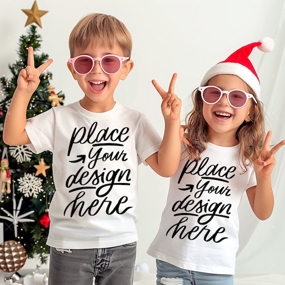 Two Kids Christmas Shirt Mockup White T-shirts Boy Girl Tee Mock