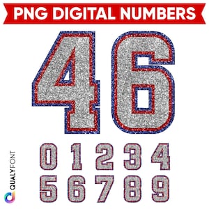 GLITTER SPORTS NUMBERS/ Only Png/ Gray White Red Blue, Varsity Numbers 0 1 2 3 4 5 6 7 8 9, Printable Sport Numbers, Jersey Sublimation