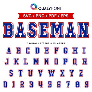 BASEMAN/ Font Baseball Svg, Png, Eps, Pdf, Contorno Blu Rosso, Lettere e Numeri dell'Alfabeto Baseball, per Cricut, Sublimazione