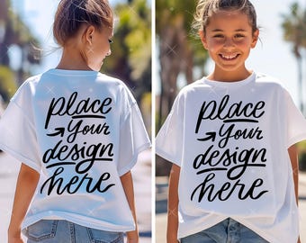 Youth Shirt Mockup Young Girl Model White Oversized T-shirt Mockup Kids Mockup Front And Back Teen Short Sleeve Tee 2 Sides Mock up Summer