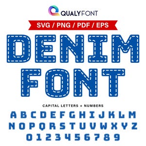 Peut inclure: Un alphabet de police en jean bleu avec des lettres majuscules et des chiffres. Les lettres sont soulignées d'une couture blanche.