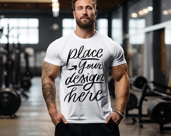 Herren Gym Tshirt Mockup Mann Athletisch Modell Mockup Herren Weißes T-Shirt Mockup Sport Mann Kurzarm T-Shirt Mock up Bella Canvas