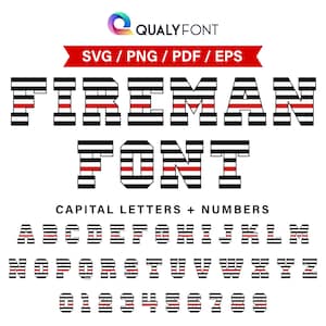 FUENTE DE BOMBERO Svg, Png, Eps, Pdf, Fuente de línea roja delgada Svg, Letras y números del alfabeto, Monograma de bombero, Nombre personalizado, Personalización
