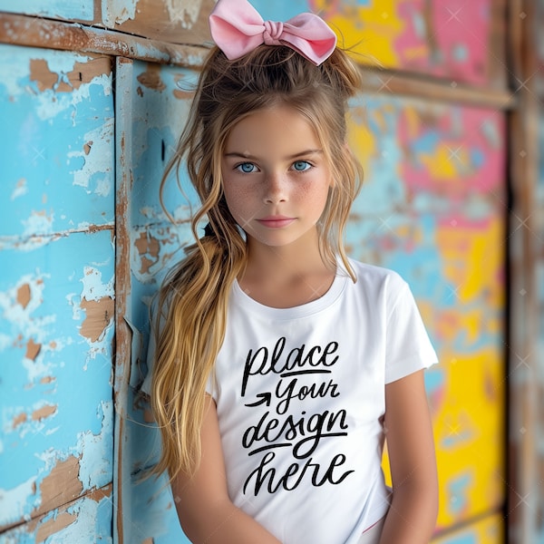 Niños camiseta blanca Mockup Bella Canvas 3001t Mockup Niños Chica Modelo Camiseta Mockup Youth Young Girl Tee Mockup Camiseta blanca en blanco Mock