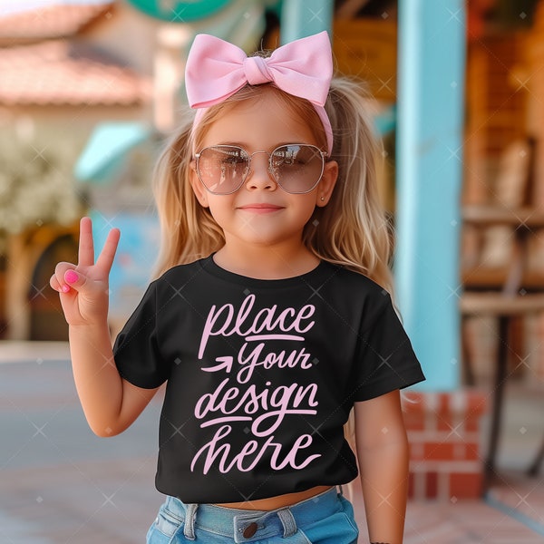 Kids Black Bella Canvas 3001 Mockup Toddler T-shirt Mockup Baby Girl TShirt Mockup Child Model Easter Spring Summer Outdoor Mockup