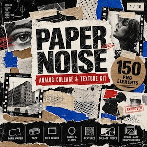Op de afbeelding: Een digitale collagekit genaamd Paper Noise met 150 PNG-elementen. Het ontwerp bevat gescheurd papier, filmframes, texturen en stempels in zwart, wit, blauw en bruin. De tekst bevat Analog Goods for Bold Creative Work en Approved.