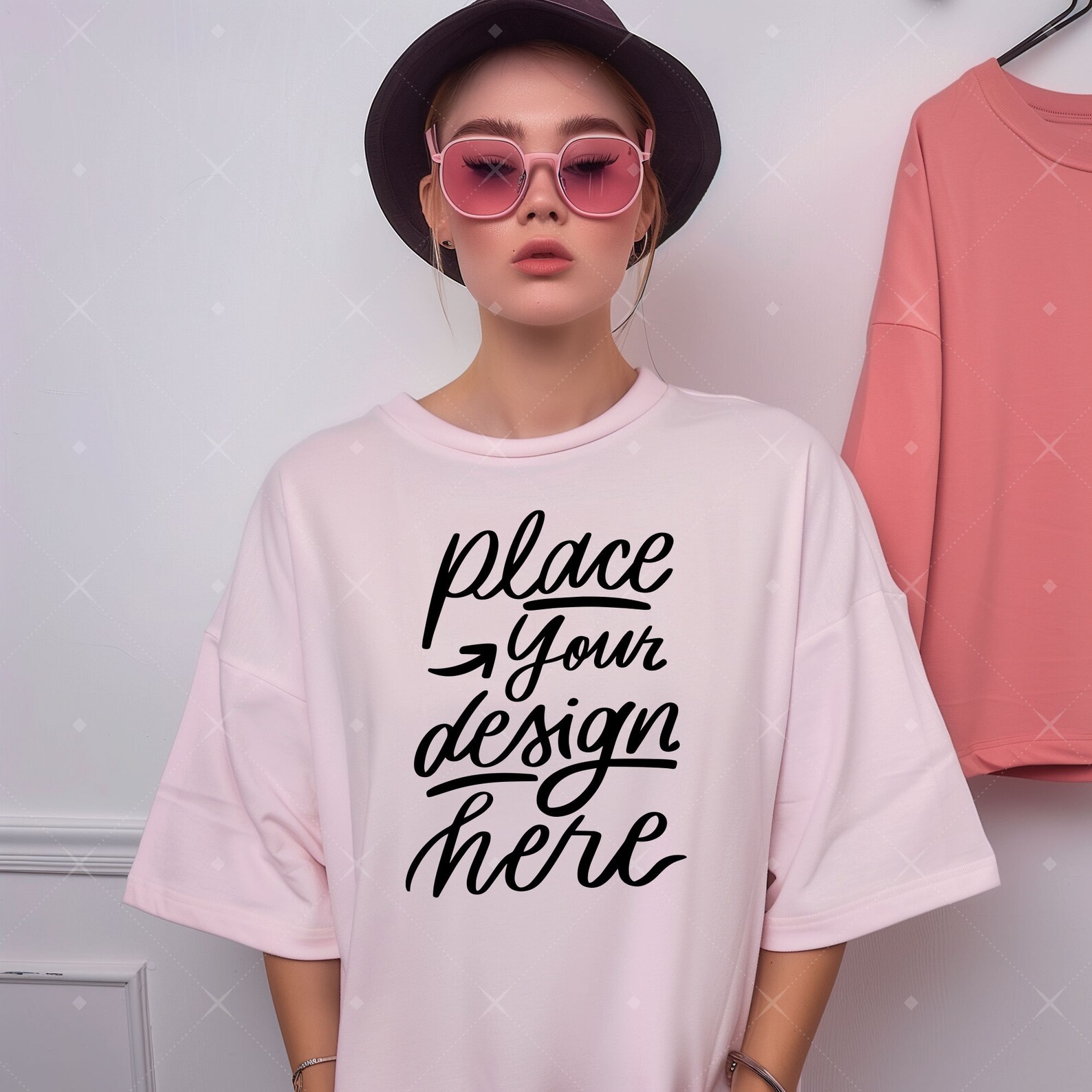 Young Woman Model Tshirt Mockup Boho Girl Oversized Tee Mock up Pink T ...
