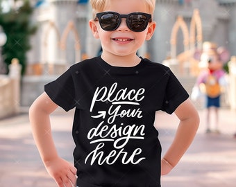 Boy T-Shirt Mockup Black Bella Canvas 3001t Children's Tee Mockup Happy Kids Model Shirt Mockup Outdoor Kids Summer Vacation Shirt Mock up