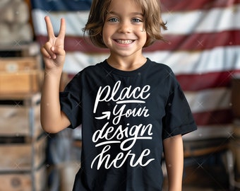 Maqueta de camiseta Bella Canvas 3001t negra para niños, maqueta de camiseta del Día de la Independencia de EE. UU., fondo de bandera estadounidense, patriótica, maqueta de camiseta del 4 de julio