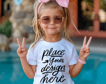 White Kids Tshirt Bella Canvas Mockup Birthday Girl Tshirt Mockup Girl Toddler With Pink Bow, Sunglasses Natural Shirt Mock-up Child Tee