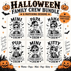 Może przedstawiać: Zestaw grafik Halloween Family Crew Bundle zawierający sześć czarno-białych wzorów szkieletów i zwierząt w okularach przeciwsłonecznych. Tekst zawiera HALLOWEEN FAMILY CREW BUNDLE, 6 MATCHING DESIGNS, PERSONALIZED FAMILY NAME, MINI, PAPA, MAMA, PUP, KITTY oraz YOUR FAMILY CREW.