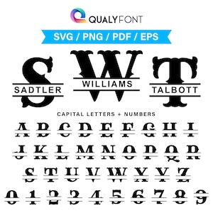May include: Black and white graphic design elements for personalized monograms and names. Includes the words "SADTLER", "WILLIAMS", and "TALBOTT", along with the text "SVG / PNG / PDF / EPS" and a full alphabet and number set.