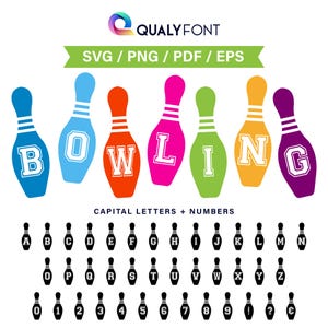 BOWLING/Fuente de bolos SVG, letras y números de bolos, personalización de bolos, alfabeto de bolos SVG, PNG, PDF, EPS, Cricut, sublimación