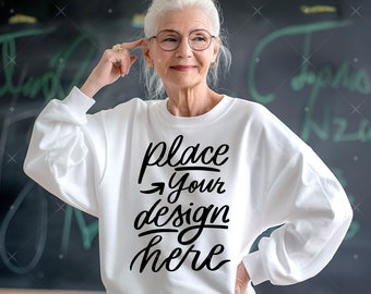 Mockup Teacher Back To School Shirt Mockup Oversized Sweatshirt Mockup Senior Woman Model Mockup Elder Female Mock ups White Jumper Mockup