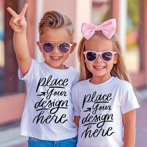 Boy And Girl Shirts Mockup White T-shirts Mockup 2 Kids Tee Mock up Children Couple Mockup Twins Siblings Matching Bella Canvas 3001 Mockup