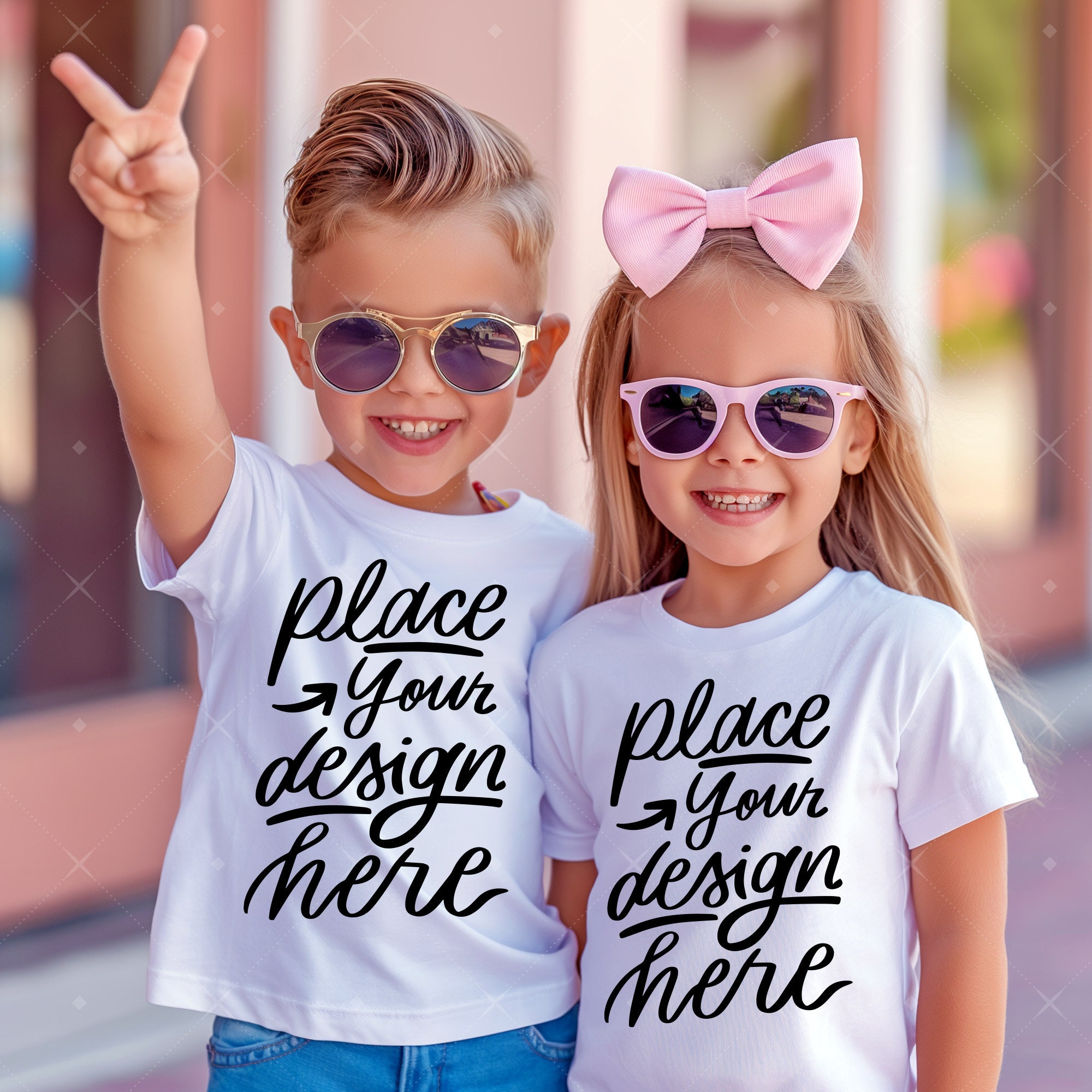 Boy And Girl Shirts Mockup White T-shirts Mockup 2 Kids Tee Mock up Children Couple Mockup Twins Siblings Matching Bella Canvas 3001 Mockup