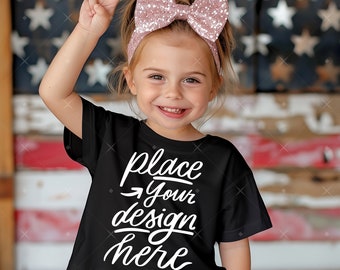 Maqueta del Día de la Independencia para niños, Bella Canvas 3001t negra, para niña pequeña, EE. UU., América, fondo de bandera, patriótico, maqueta de camiseta del 4 de julio