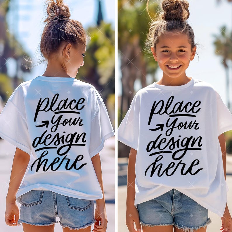 May include: White t-shirt with black text that says "place your design here" on the front and back. The shirt is being modeled by a person wearing denim shorts.