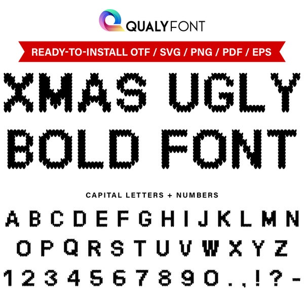 XMAS UGLY BOLD/ Knitted Font Otf, Svg, Png, Ugly Sweater Letters + Numbers, Christmas Alphabet for Ms Word, Cricut, Sublimation, Silhouette