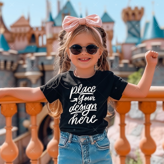 Kid Girl Model Black Tshirt Mockup Kid Summer Mock Bella Canvas 3001t Kids Black Tee Mock Vacation Holiday Baby Girl Sunglasses Mockup Jpg