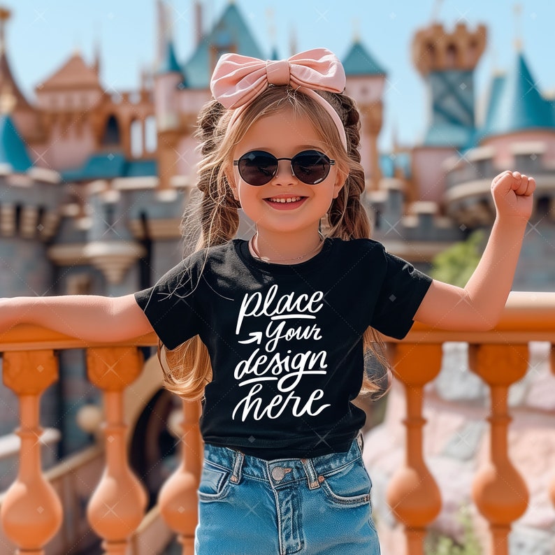 May include: A young girl wearing a black t-shirt with the text "place your design here" in white. She is wearing a pink bow in her hair and sunglasses. The girl is standing in front of a castle-like structure.