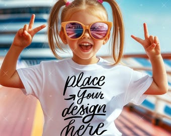 White T-Shirt Mockup Kids Bella Canvas 3001 Summer Kids T-Shirt Mockup Little Girl in Sunglasses Tee Mockup Vacation Cruise Mockup Kids