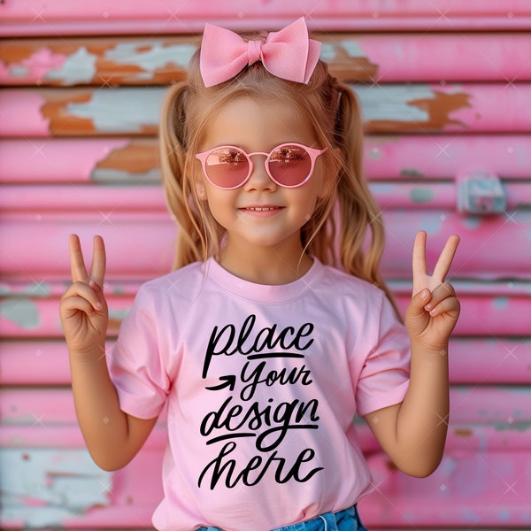 Pink T-Shirt Mockup Kids Bella Canvas 3001T Kid Girl Model TShirt Mock up Baby Girl Sunglasses Blank Tee Mocks Summer Mockup Toddler Girl