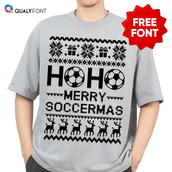 HOHO MERRY SOCCERMAS Svg, Png, Soccer Ugly Sweater Svg Template, Christmas Shirt Svg for Cricut, Silhouette, Sublimation// Knitted Font Incl