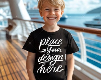 Boy T-Shirt Mockup Black Bella Canvas 3001 Little Boy Mockup Vacation Sea Cruise Child Shirt Mockup Outdoor Kids Summer Lifestyle Mock up