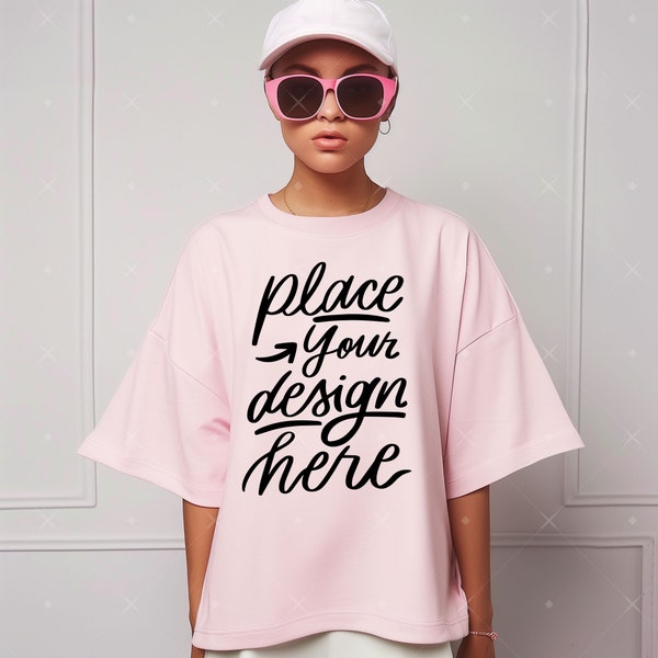 Youth Model Tshirt Mockup Oversized Pink Shirt Mock up Teen Girl T-shirt Mock Summer Shirt Mockup Women's Apparel Front View Tee Mockup