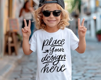 Boy T-Shirt Mockup White Bella Canvas 3001T Toddler Boy Mockup Kids Model Mockup, Child Shirt Mockup, Outdoor Kids Summer Lifestyle Mock up