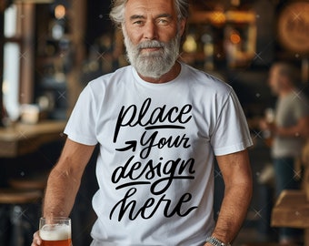 Man Model Tshirt Mockup White T-shirt Mock up Senior Man whit Beer Glass Grandfather Grandpa Mock Father's Day Mockup Birthday Men Mock ups