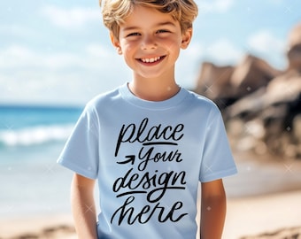 Boy T-Shirt Mock up Light Blue Bella Canvas 3001 Kid Model Mockup Baby Boy Shirt Mockup Outdoor Kids Summer Sea Ocean Vacation Children Mock