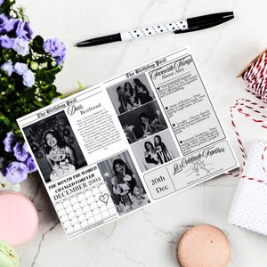 May include: A black and white newspaper-style birthday card with a photo of a woman holding a cake and the text "The Birthday Post" and "Dear Bestfriend". The card also includes a calendar for December 2004 and the text "The Month the World Changed Forever".