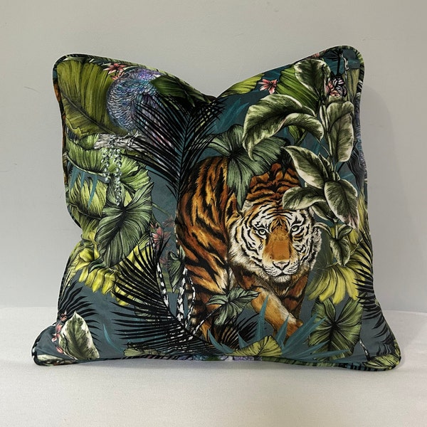 Handmade  Piped Cushion Cover: Prestigious Bengal Tiger on Polyester Velvet (Twilight)