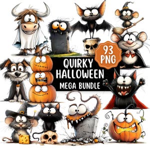 Peut inclure: Une collection d'illustrations sur le thème d'Halloween. L'image présente divers personnages de dessins animés, dont une chauve-souris, un chat, un chien et des citrouilles. Le texte "Quirky Halloween Mega Bundle" est affiché, avec un badge "93 PNG".