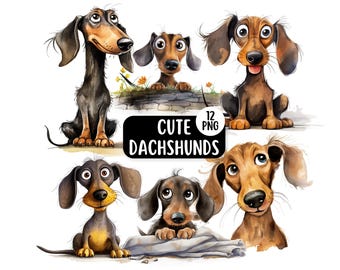 Cute Dachshund Dog PNG Clipart Bundle, Pet Dog Breed PNG, Transparent Backgrounds, Watercolour Clipart, Digital Download, Funny Dog Clipart