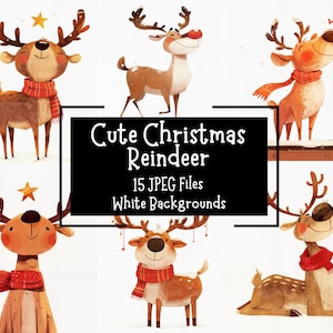 Pacchetto di clipart di renne natalizie carine e divertenti / 15 design JPEG / Sfondi bianchi / Uso commerciale / Grafica festiva / Creazione di biglietti