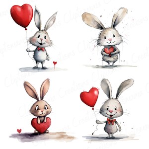 Puede incluir: Cuatro ilustraciones de acuarela de conejos sosteniendo corazones rojos. Un conejo sostiene un globo rojo en forma de coraz&oacute;n. Todos los conejos sonr&iacute;en y tienen ojos marrones.