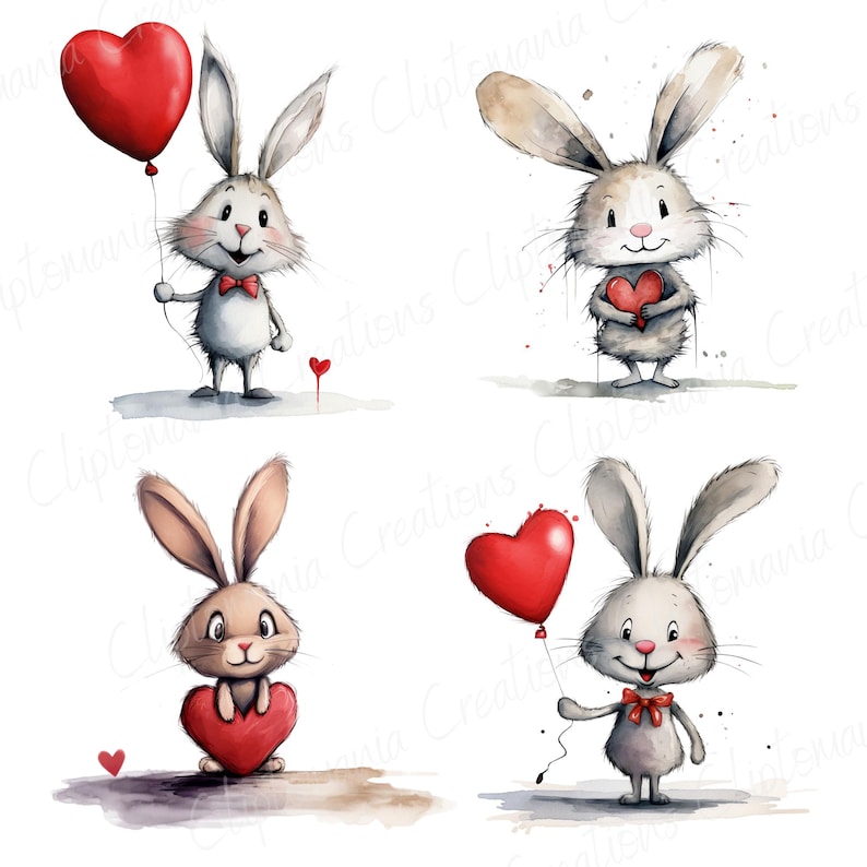 Puede incluir: Cuatro ilustraciones de acuarela de conejos sosteniendo corazones rojos. Un conejo sostiene un globo rojo en forma de coraz&oacute;n. Todos los conejos sonr&iacute;en y tienen ojos marrones.